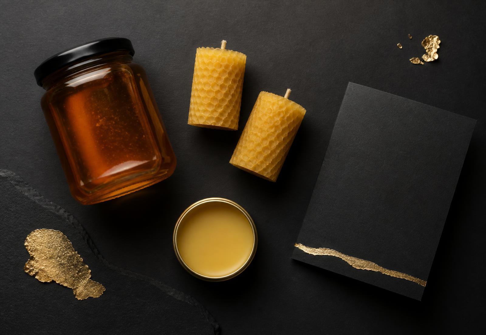 Med, sveće od pčelinjeg voska i Bee Gold na crnoj površini
